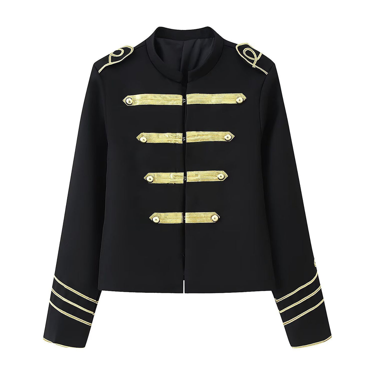 Ladies Cropped Military Jacket with Gold Embroidered Galloons and Stand-up Collar Fashion Glam