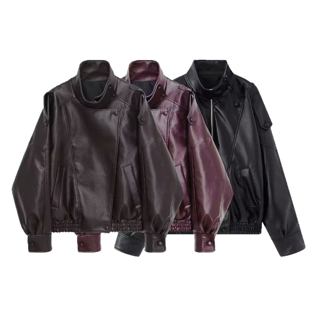 Women Oversized Faux Leather Biker Jacket with Asymmetric Lapel, Stand Collar, and Waist Drawstring Fashion Glam