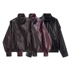 Women Oversized Faux Leather Biker Jacket with Asymmetric Lapel, Stand Collar, and Waist Drawstring Fashion Glam