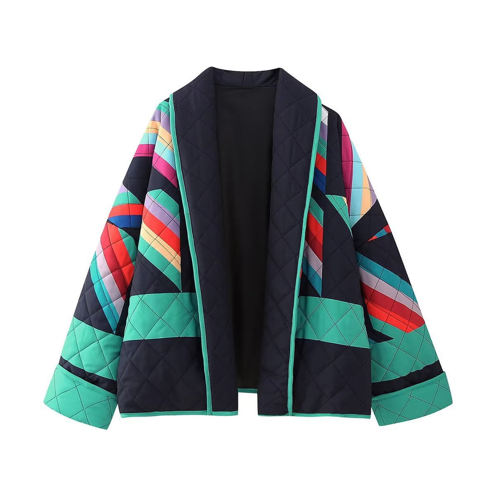 Ladies Quilted Kimono Jacket with Graphic Color Block Print and Open Front Fashion Glam