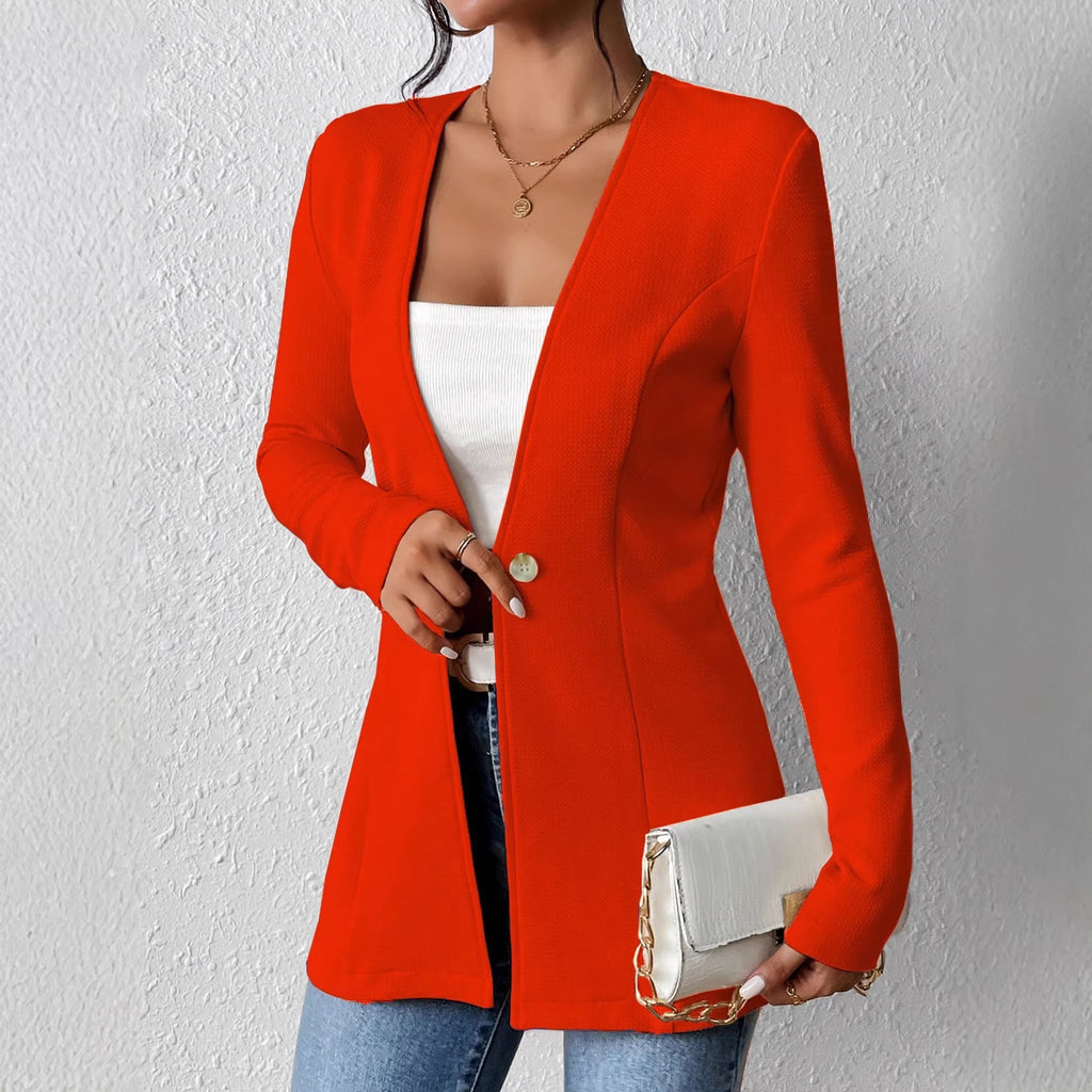 Ladies Tailored Long Blazer with V-Neck and One-Button Closure Fashion Glam