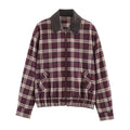 Women's Checked Blouson Jacket with Contrasting Leather Collar and Elastic Hem Fashion Glam