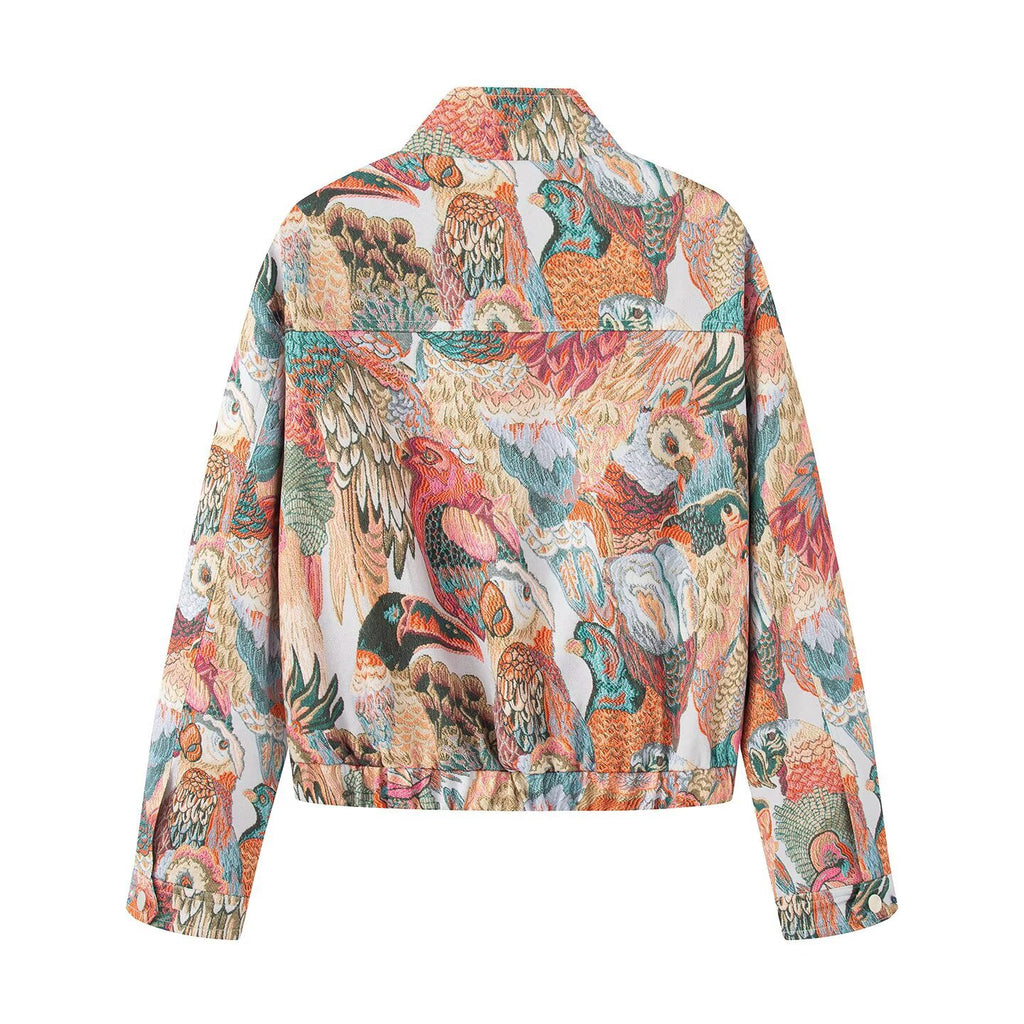 Ladies embroidered bomber jacket with bird motifs and patched pockets Fashion Glam