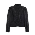 Ladies short-cut transparent lace blouse with stand-up collar, fabric button placket and gathered puff sleeves Fashion Glam