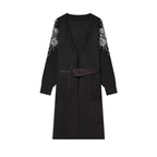 Women's Long Knit Coat-Cardigan with Waist Belt and Sequin Sleeves Fashion Glam