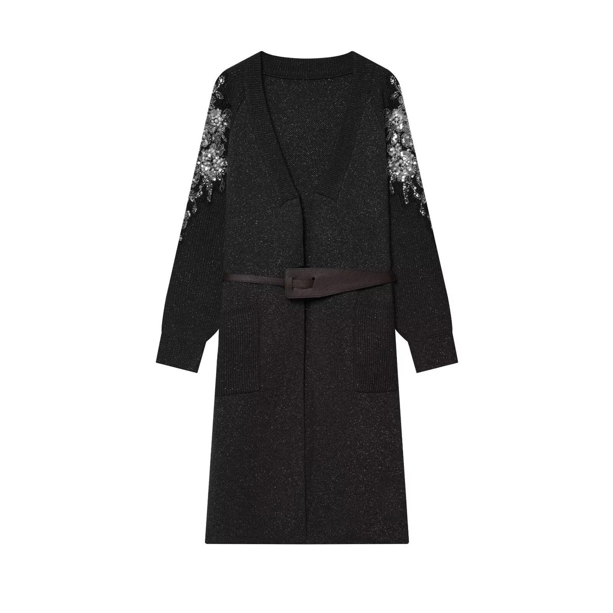 Women's Long Knit Coat-Cardigan with Waist Belt and Sequin Sleeves Fashion Glam