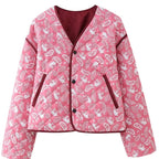 Women's quilted short jacket with V-neck, paisley pattern and contrasting piping Fashion Glam