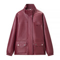 Women Short Oversize Faux Leather Utility Jacket with Stand-up Collar, Flap Pockets and Concealed Placket Fashion Glam