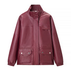 Women Short Oversize Faux Leather Utility Jacket with Stand-up Collar, Flap Pockets and Concealed Placket Fashion Glam