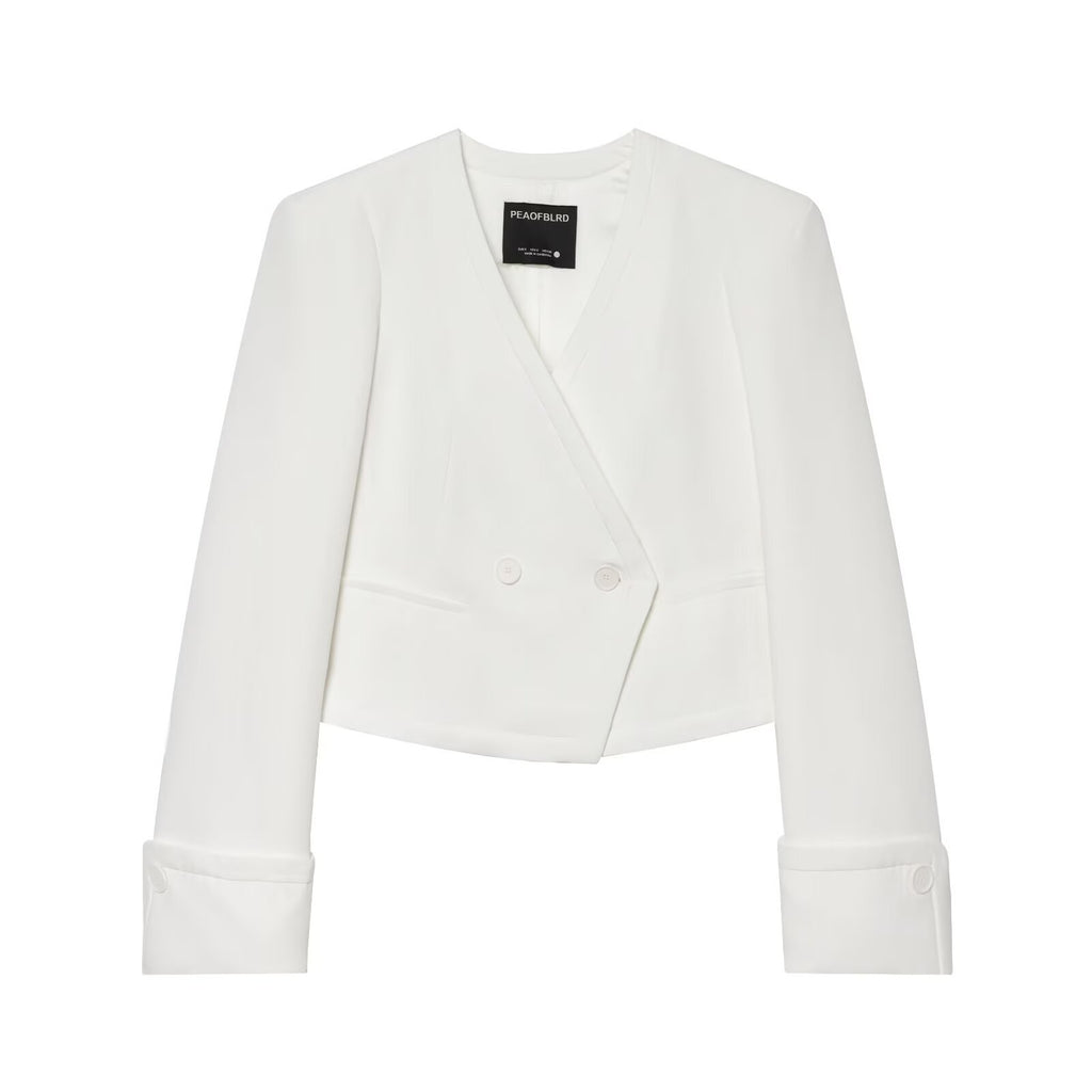 Women cropped double-breasted blazer with V-neck and cuffed sleeves Fashion Glam