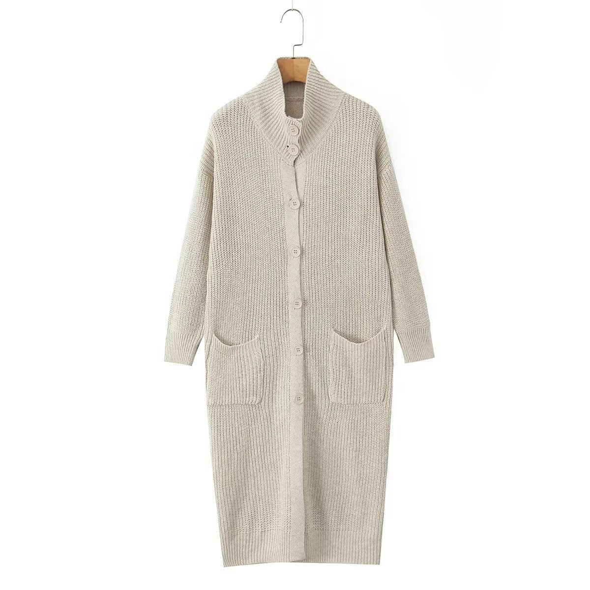 Women Long Chunky Knit Cardigan with Shawl Collar, Button Placket and Patch Pockets Fashion Glam