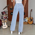 Women’s jeans with pearl appliqué, high waist and straight leg Fashion Glam
