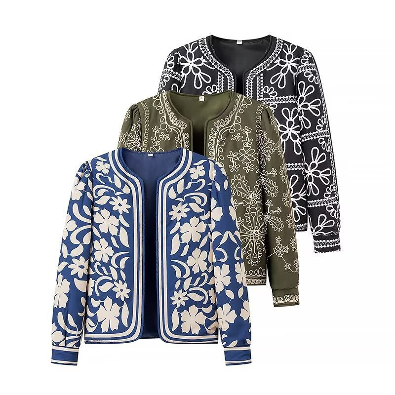 Women Embroidered Quilted Transition Jacket without Collar Fashion Glam