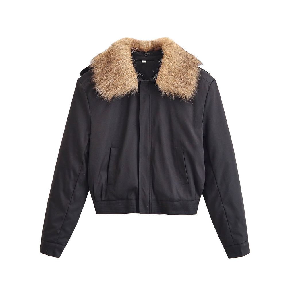 Ladies Short Bomber Jacket with Removable Faux Fur Collar Fashion Glam