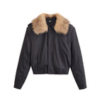 Ladies Short Bomber Jacket with Removable Faux Fur Collar Fashion Glam