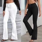 Women’s high-waisted flared trousers made of stretch denim with a center seam and figure-hugging cut Fashion Glam