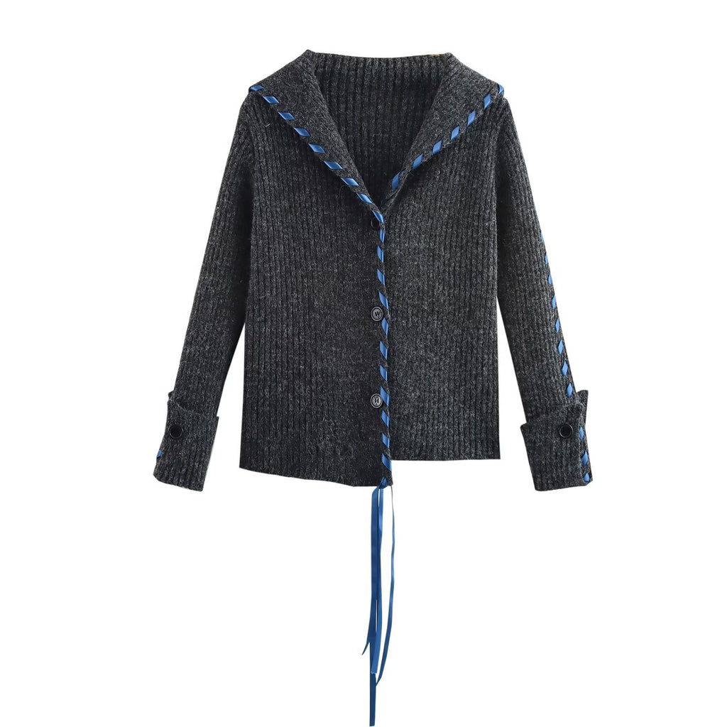 Women Ribbed Cardigan with Sailor Collar, Decorative Ribbon Lacing and Button Placket Fashion Glam
