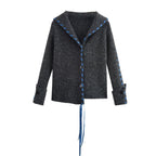Women Ribbed Cardigan with Sailor Collar, Decorative Ribbon Lacing and Button Placket Fashion Glam