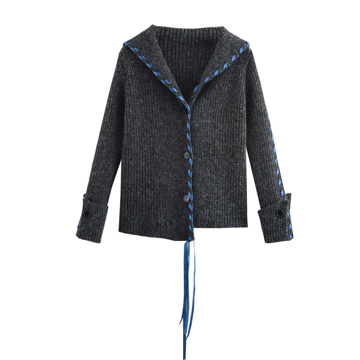 Women Ribbed Cardigan with Sailor Collar, Decorative Ribbon Lacing and Button Placket Fashion Glam