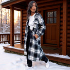 Women Checked Longline Shirt Coat made of Wool Blend with Oversized Silhouette and Flap Pockets Fashion Glam