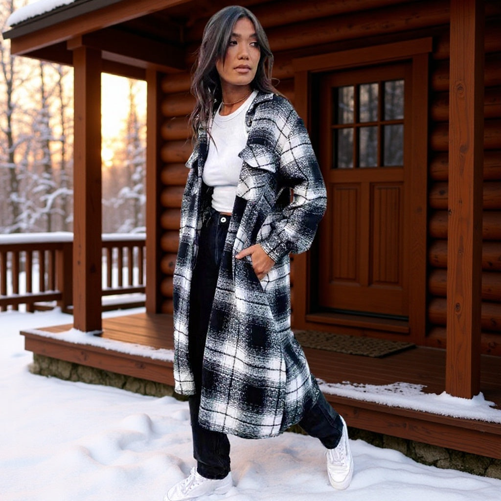 Women Checked Longline Shirt Coat made of Wool Blend with Oversized Silhouette and Flap Pockets Fashion Glam