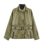 Women Short Cord Trench Coat with Waist Belt, Cape Detail and Stand Collar Fashion Glam