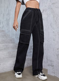 Women’s utilitarian denim cargo pants with contrast stitching and drawstring Fashion Glam