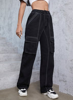 Women’s utilitarian denim cargo pants with contrast stitching and drawstring Fashion Glam