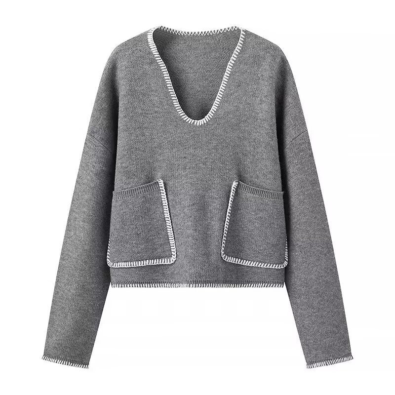 Women Short V-neck Knit Sweater with Patch Pockets and Decorative Stitch Fashion Glam