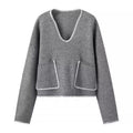 Women Short V-neck Knit Sweater with Patch Pockets and Decorative Stitch Fashion Glam