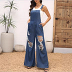 Women's loose distressed overalls with adjustable straps and large knee rips Fashion Glam