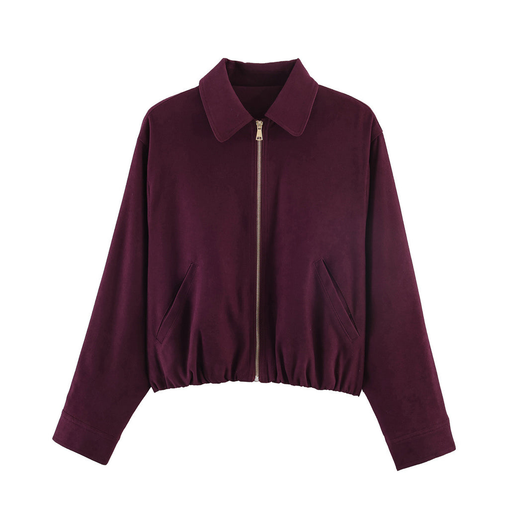 Women's short velor bomber jacket with shirt collar, zipper and elastic hem Fashion Glam