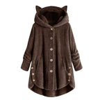Women's Hooded Teddy Coat with Cat Ears, Button Placket and Asymmetrical Hem Fashion Glam
