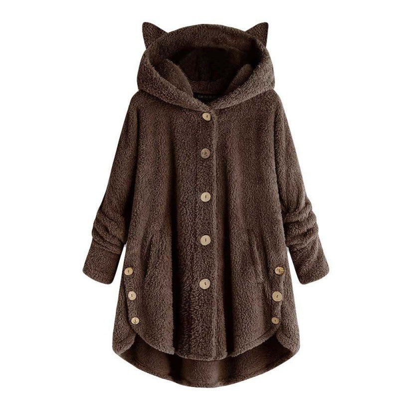 Women's Hooded Teddy Coat with Cat Ears, Button Placket and Asymmetrical Hem Fashion Glam