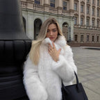 Ladies Short Boxy Faux-Fur Cardigan with Dense High Pile and Open Front Fashion Glam