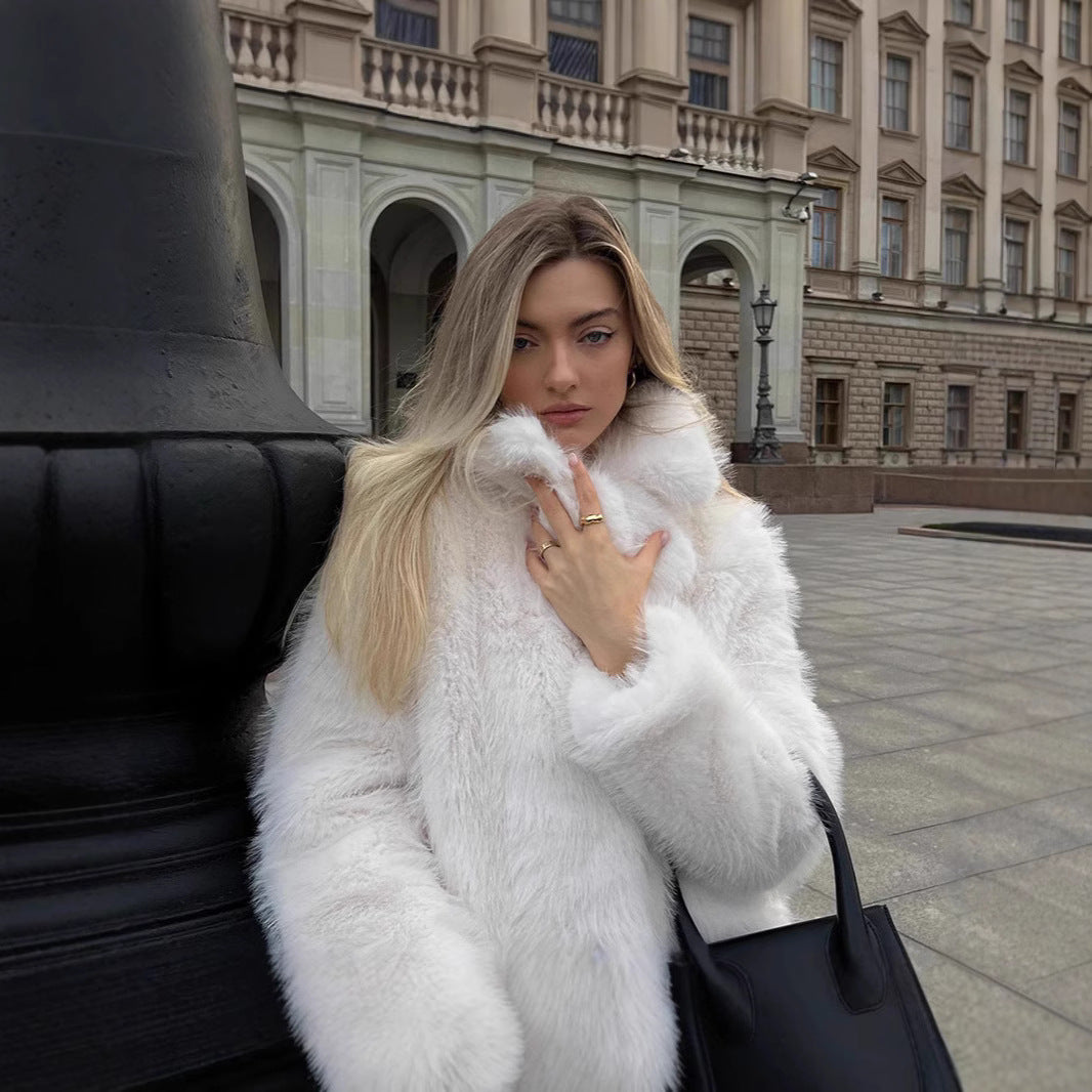 Ladies Short Boxy Faux-Fur Cardigan with Dense High Pile and Open Front Fashion Glam