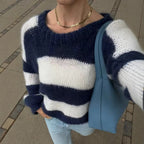 Women Striped Oversize Knit Sweater with Round Neck Fashion Glam