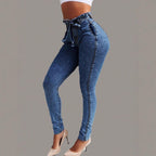 Women Paperbag High-waisted Skinny Jeans with Tie Belt Fashion Glam