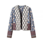 Women’s short jacket in patchwork floral print with open neckline and contrasting trimmings Fashion Glam