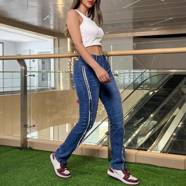 Women's waist-accentuated high-waist jeans with vertical raw-edge stripes and slight flare Fashion Glam