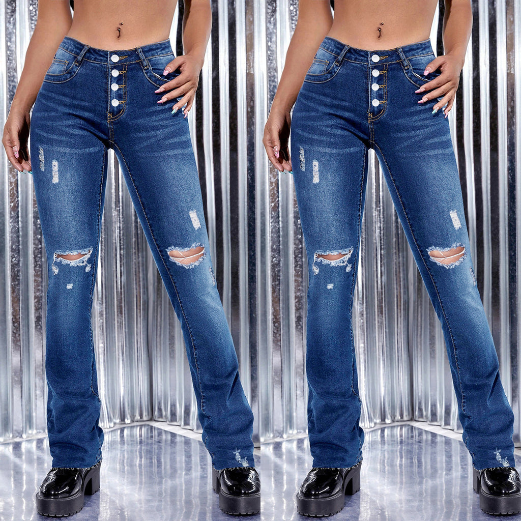 Women high-waisted button-front bootcut jeans with sculpting waistband and distressed knee rips Fashion Glam