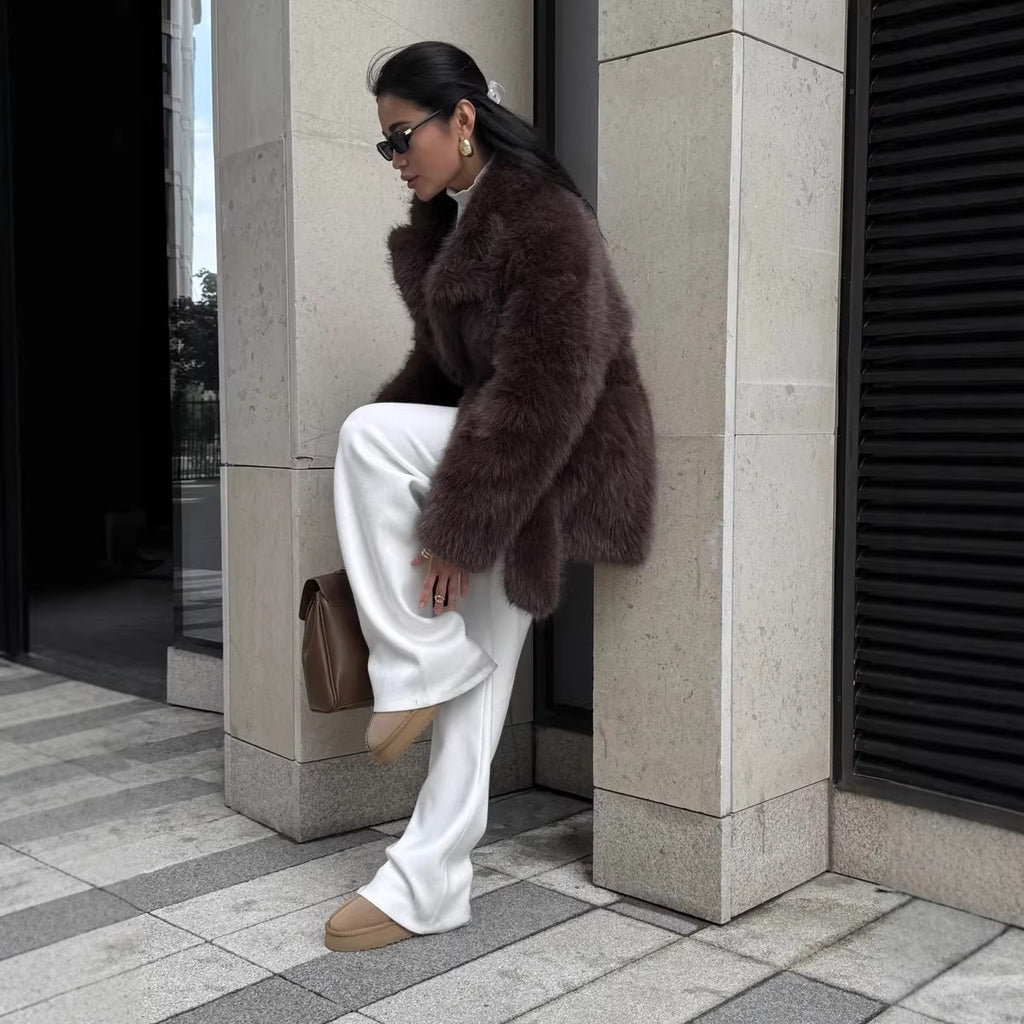 Women Boxy Short Coat made of extra fluffy high pile with wrap belt Fashion Glam