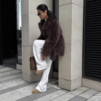 Women Boxy Short Coat made of extra fluffy high pile with wrap belt Fashion Glam