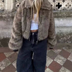 Women's Short Faux Fur Bomber Jacket with Voluminous Shawl Collar and Zipper Fashion Glam