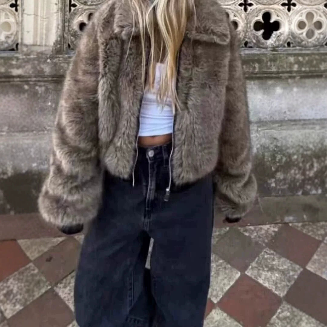 Women's Short Faux Fur Bomber Jacket with Voluminous Shawl Collar and Zipper Fashion Glam