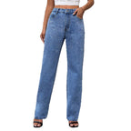 Women's High-Waist Wide-Leg Denim Jeans with Sparkling Pearl Scatter and Straight Leg Fashion Glam