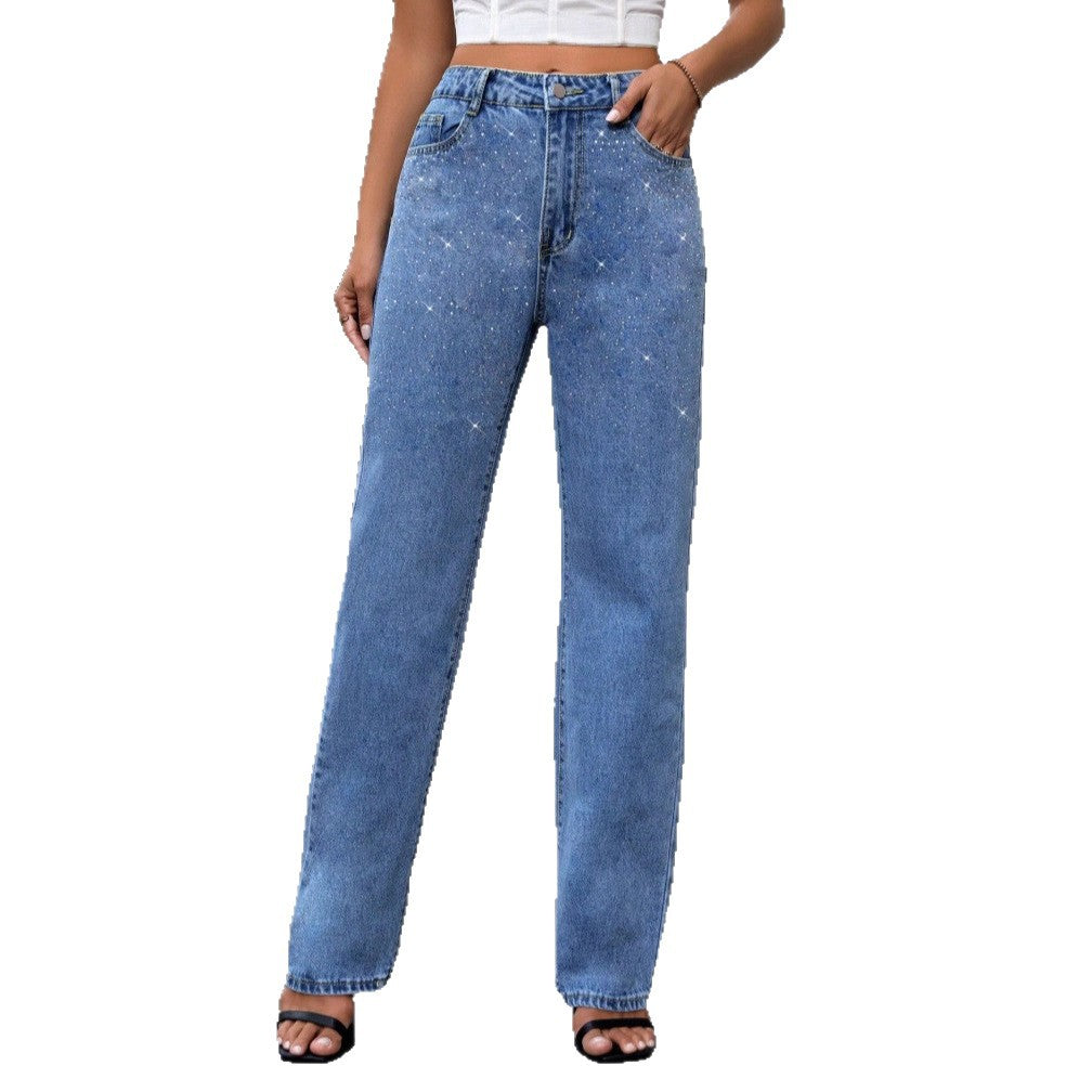 Women's High-Waist Wide-Leg Denim Jeans with Sparkling Pearl Scatter and Straight Leg Fashion Glam