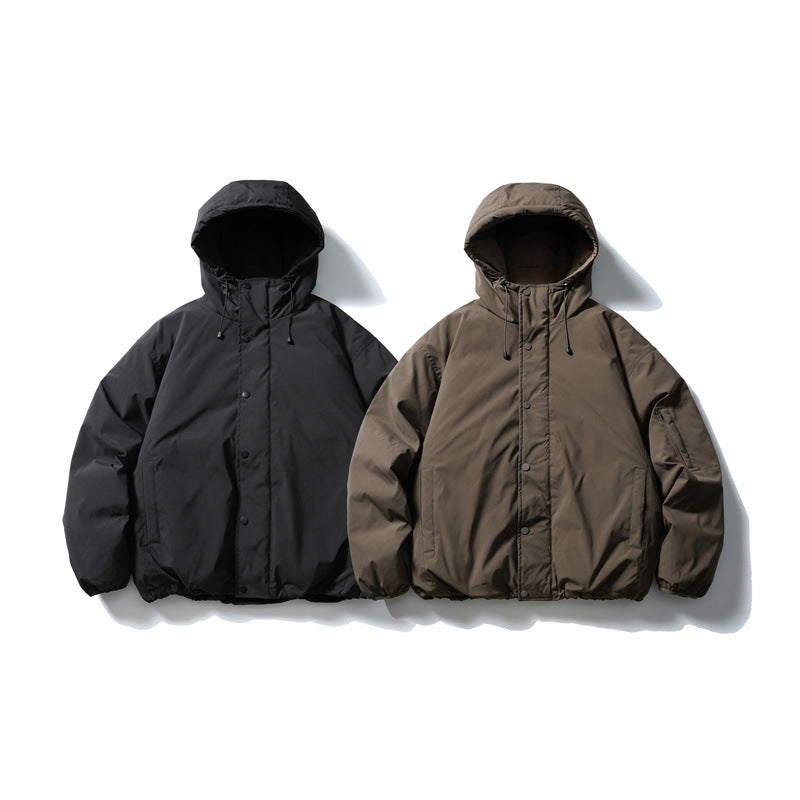 Unisex Boxy padded hoodie jacket with drawstring, snap button placket, and arm pocket Fashion Glam