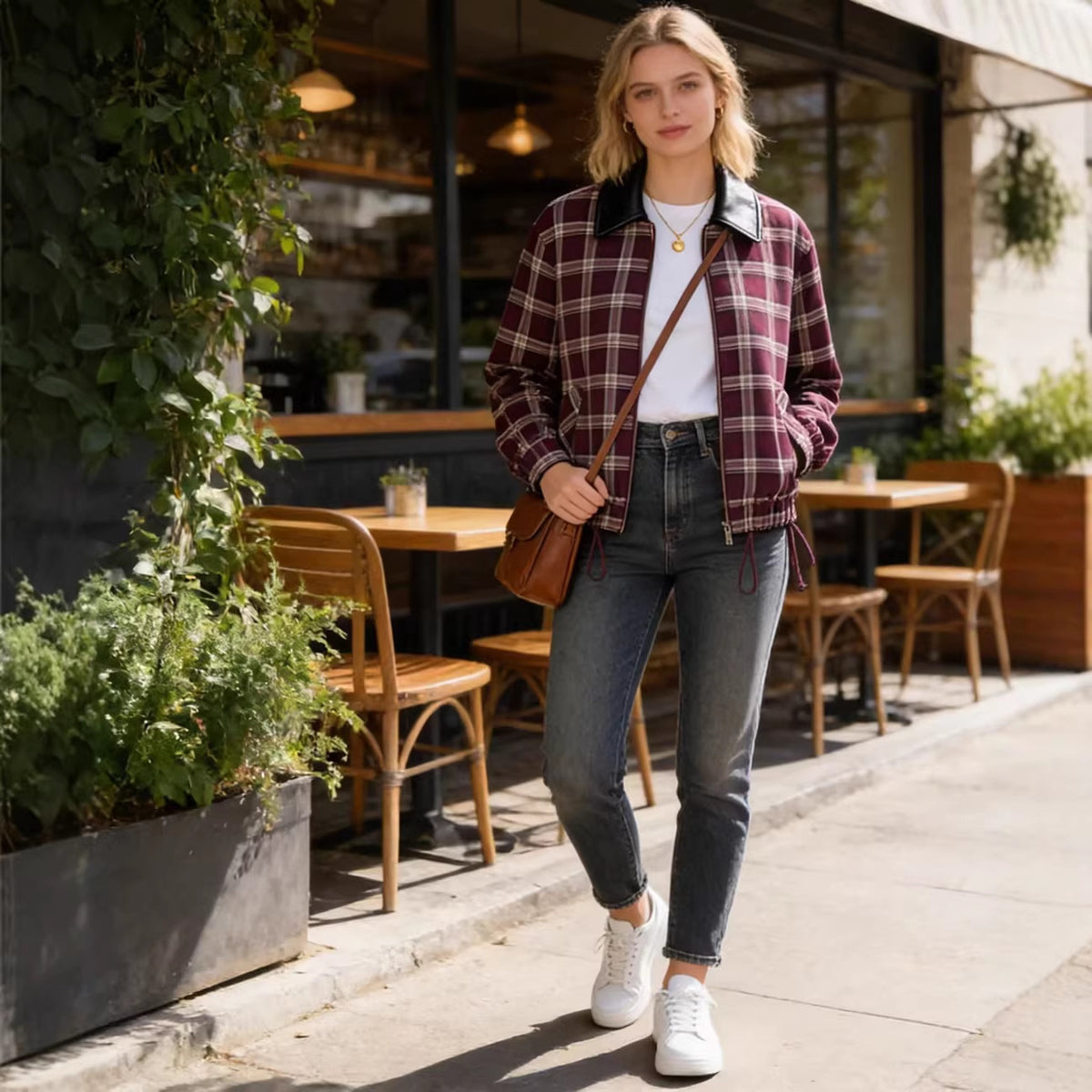 Women's Checked Blouson Jacket with Contrasting Leather Collar and Elastic Hem Fashion Glam