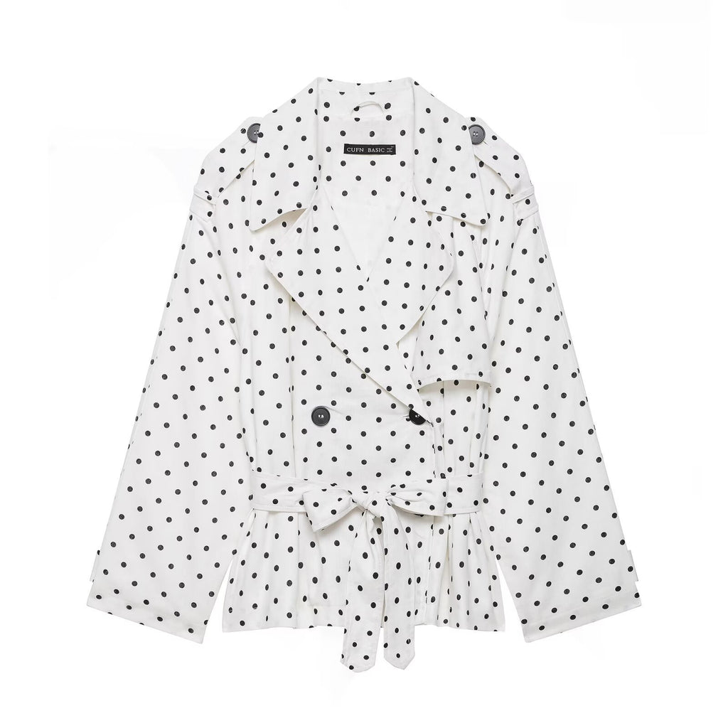 Women Polka Dot Cropped Trench Coat with Tie Belt Fashion Glam